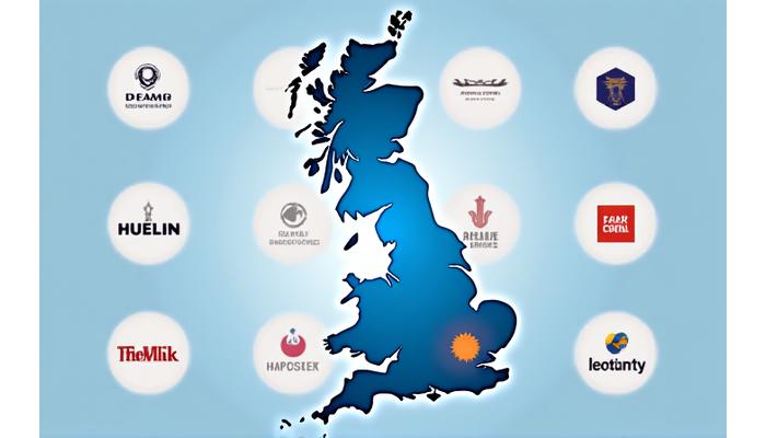 Collage of anonymized client logos alongside a subtle, stylized map of the UK indicating nationwide service coverage.