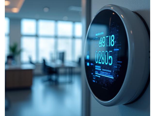 Modern smart meter displaying energy data with a vibrant graphical overlay, symbolizing transformation of energy management.