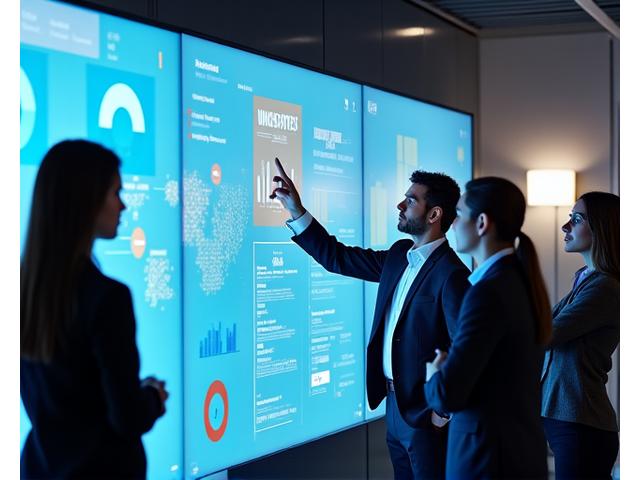 A diverse team of PowerPay Solutions employees in a modern office, one pointing to a digital energy dashboard, symbolizing collaboration and dedicated support.