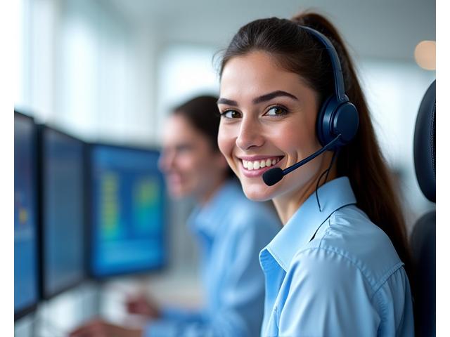 Customer support agent wearing a headset, smiling, in a bright, modern call center environment, representing responsive technical assistance.
