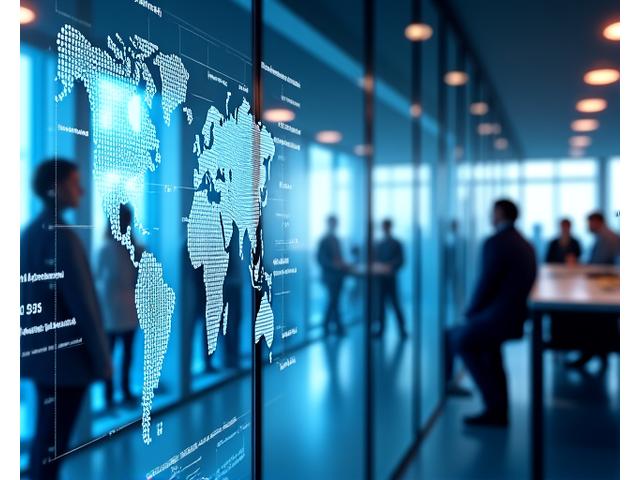 Modern office space with power technology diagrams on screens, representing global connectivity and collaboration.
