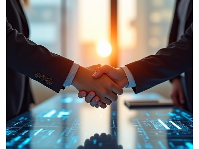 Two diverse business professionals shaking hands firmly in a bright, modern office, symbolizing a successful partnership agreement.