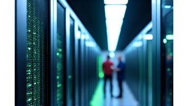 AI research facility with supercomputers and researchers