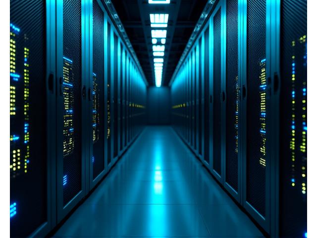 Modern data center server racks glowing with advanced metering systems