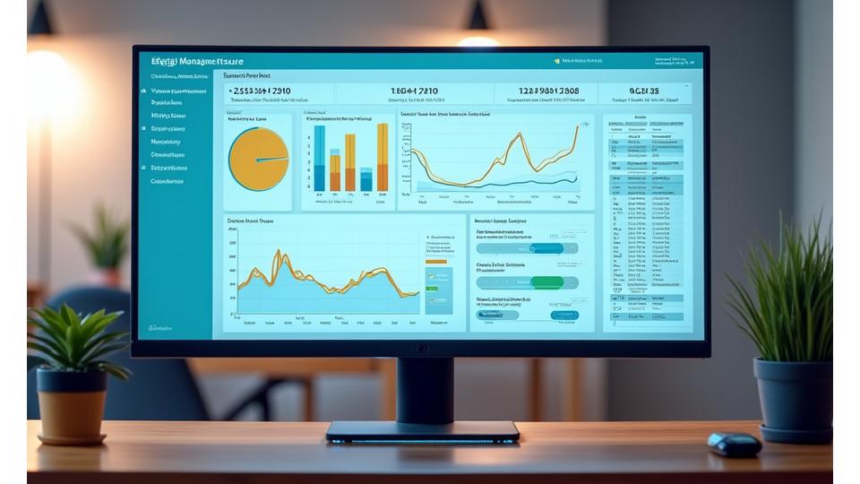 A large screen display of PowerPay's energy management software dashboard with various charts and graphs representing energy data