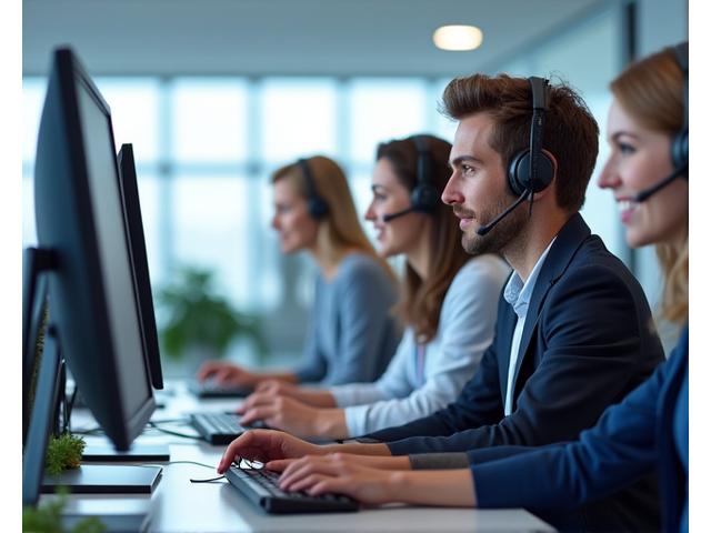 A professional technical support team collaborating in a modern office environment