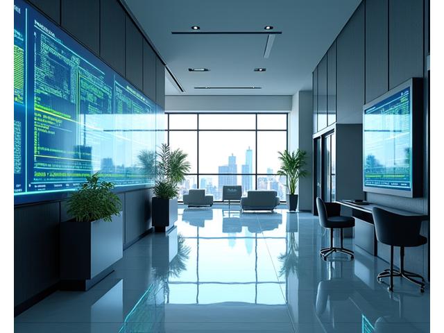 Sleek, modern commercial office lobby with digital displays showing energy usage data, for a commercial client.