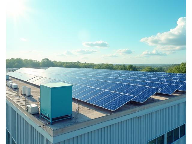 Rooftop solar panels on a large building with a smart grid device in the foreground, indicating renewable energy integration project.