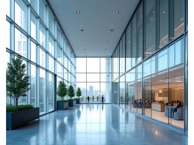 Modern commercial office building with clear energy efficiency through smart systems.