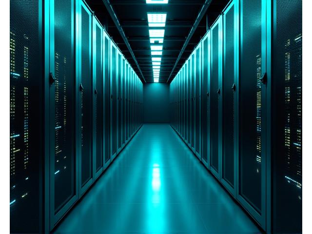 Row of glowing server racks in a high-tech data center, illustrating energy management for large compute facilities.