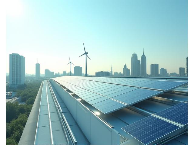 Solar panels and wind turbines on a modern building rooftop, symbolizing renewable energy integration.