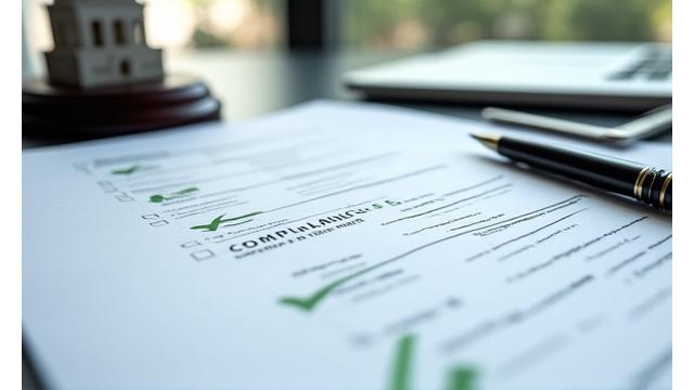 Documents and a pen on a desk, symbolizing a compliance checklist.