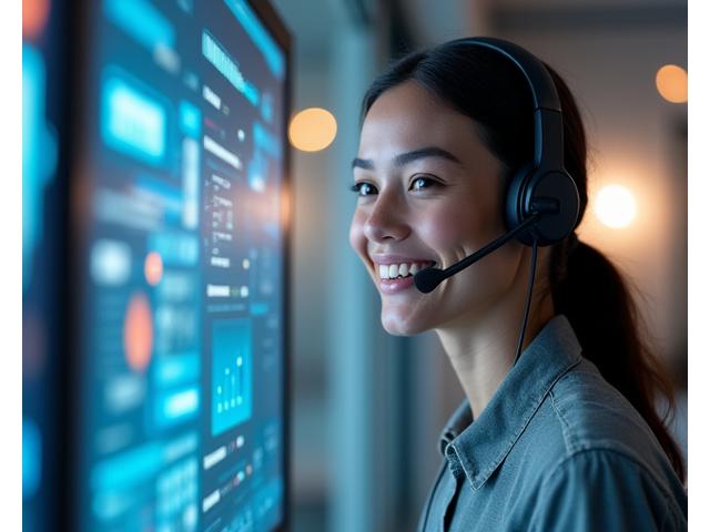 Happy customer service representative helping a visually represented energy customer.