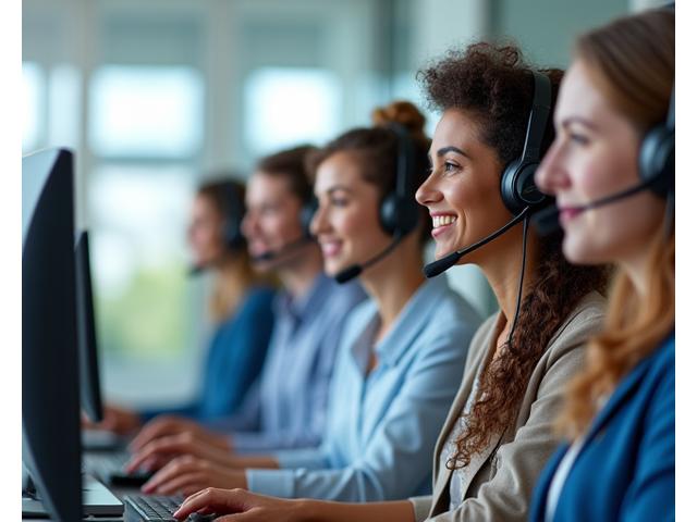 Diverse team of customer support representatives wearing headsets and smiling, in a bright modern office.