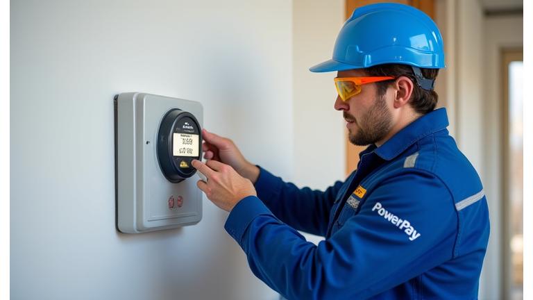 PowerPay engineer professionally installing a smart prepayment meter with safety equipment