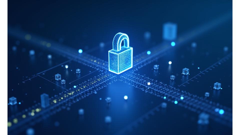 Abstract diagram showing data points flowing securely through a digital network, with padlock and server icons