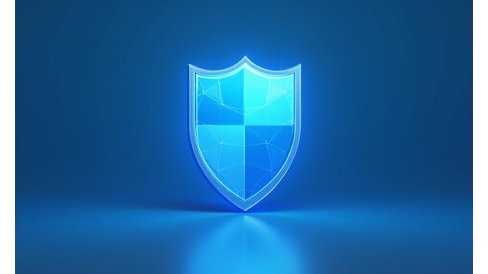 A digital shield icon representing data protection and privacy, surrounded by abstract glowing lines
