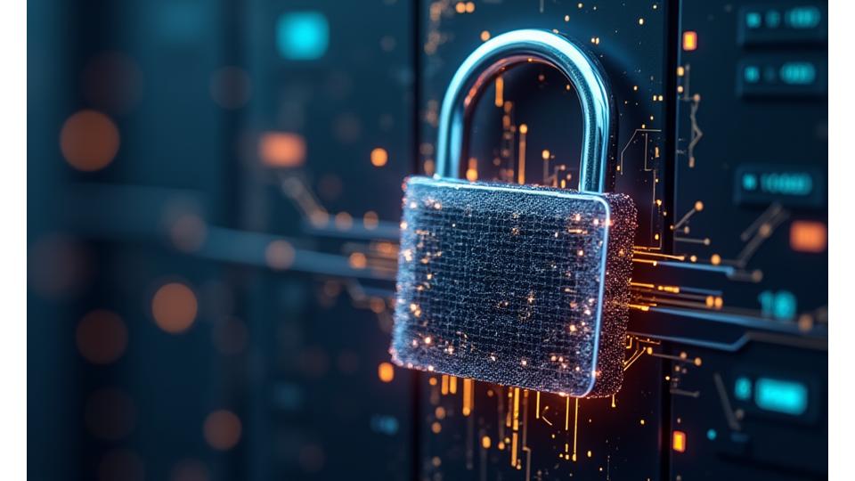 Close-up of a digital padlock intertwined with network lines, symbolizing advanced cybersecurity and data encryption