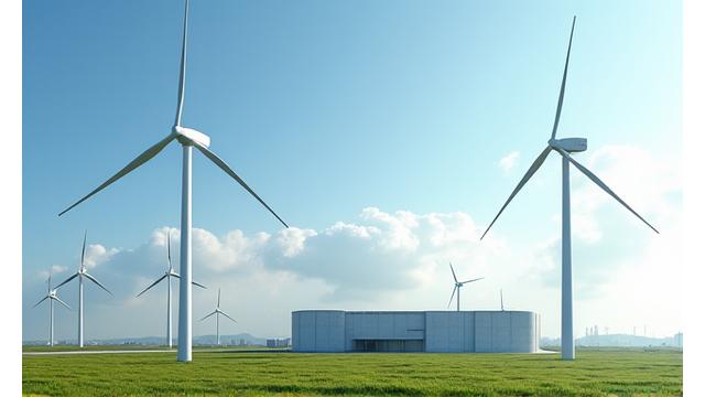 Large wind turbines in an open commercial area with a modern building in the background.