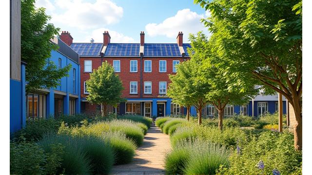 A vibrant community garden with solar panels visible on nearby rooftops, framed by modern urban architecture, indicating local energy production.