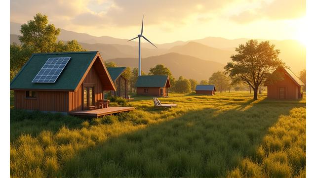 A serene rural landscape featuring a small cluster of homes, with a visible solar array and a compact wind turbine, symbolizing energy independence.