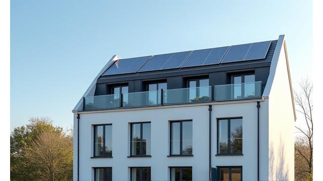 Roof-mounted solar panels on a modern residential building in London.