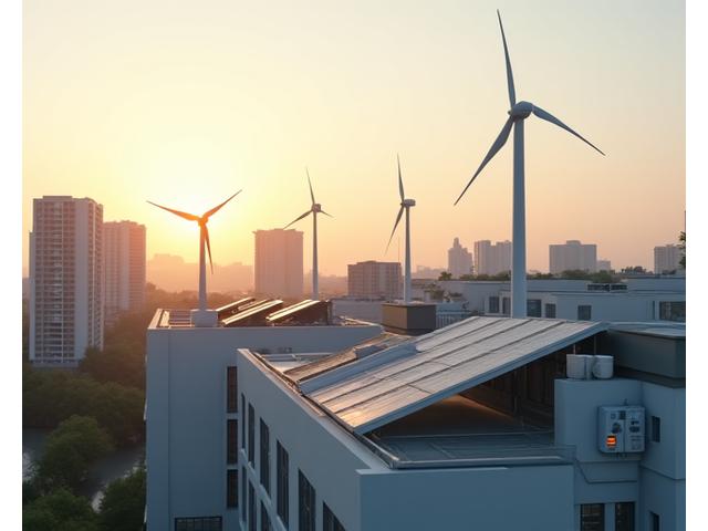 Solar panels and wind turbines on rooftops with smart meters in the foreground, demonstrating renewable energy integration with a backdrop of a modern cityscape at sunset.