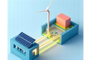 Diagram illustrating a hybrid energy system with interconnected solar panels, wind turbine, and battery storage.