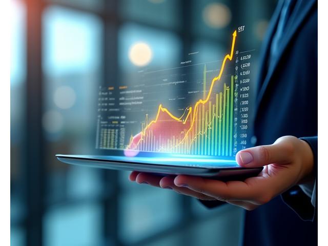 A professional hands-on-keyboard interacting with a sleek, futuristic dashboard displaying financial graphs, charts, and data related to energy savings and ROI from renewable sources.