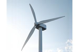 Small-scale residential wind turbine spinning against a clear sky.