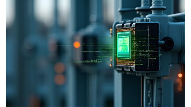 Close-up on an IoT sensor device attached to a power line, with data flowing digitally.