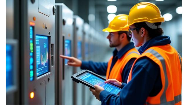 Technicians reviewing data on a tablet in a substation, with machinery in the background.