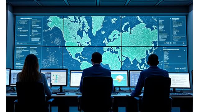 A regional utility control room with operators monitoring a large digital map of their energy grid.