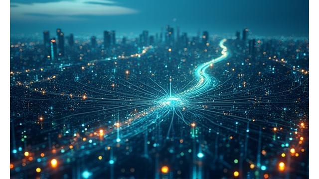 Complex smart grid infrastructure with glowing data lines and interconnected IoT devices, set against a dark, futuristic cityscape.