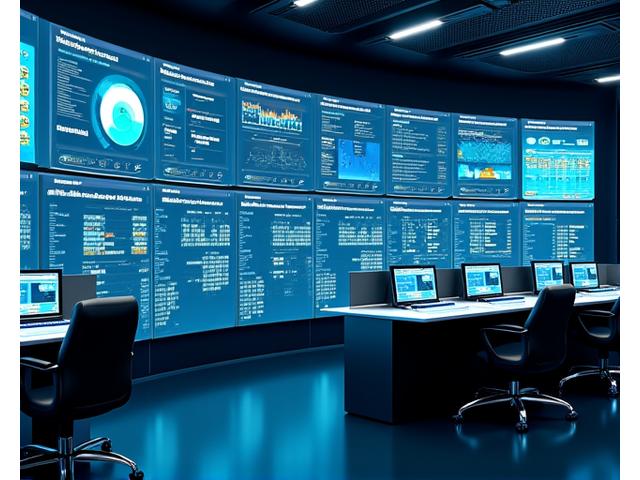 A sleek, futuristic energy monitoring dashboard showing real-time grid data, charts, and maps on multiple screens.