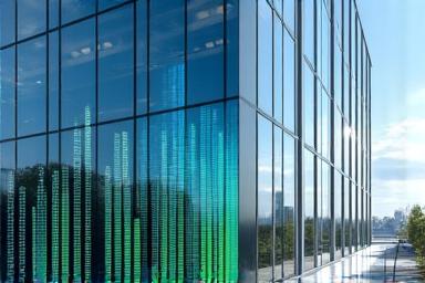 Modern commercial office building with energy efficiency graphs.