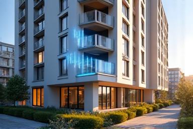 Modern residential building with smart meter icon overlay.