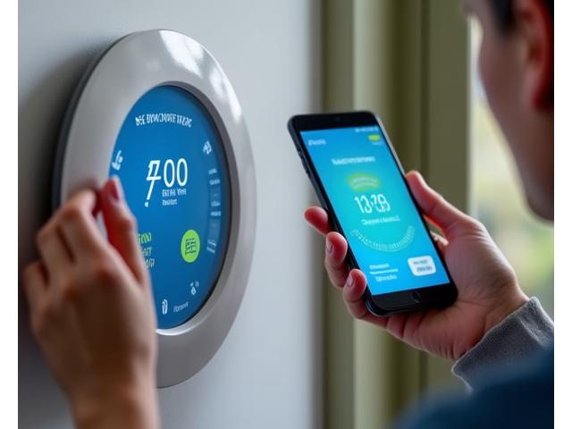 Close-up of diverse hands interacting with a user-friendly energy monitor and a mobile app, showing clear interfaces.