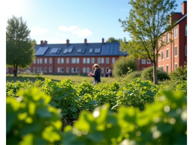 A green, sustainable community garden or rooftop, symbolizing community energy initiatives.