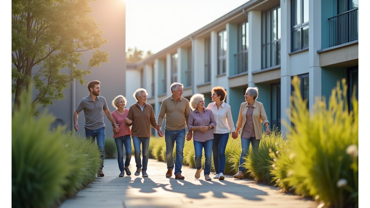 Diverse families engaging positively in modern, energy-efficient social housing developments.