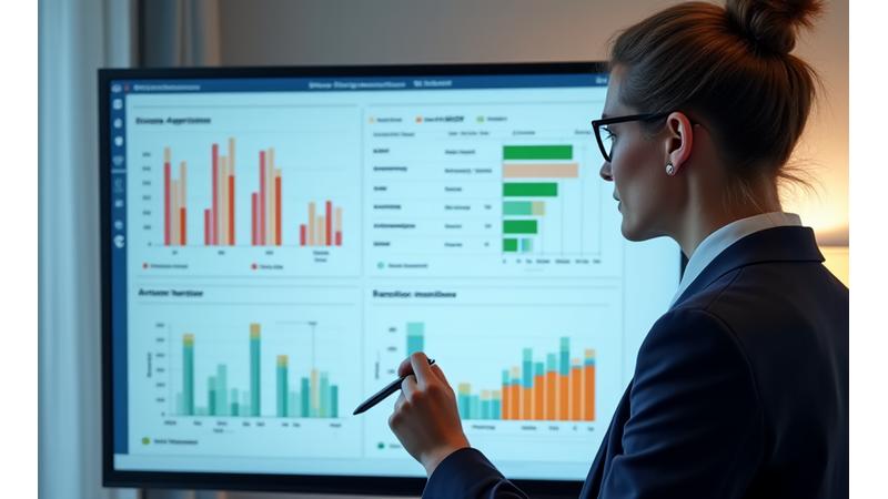 A housing association manager reviewing an energy management dashboard showing property usage and arrears status.