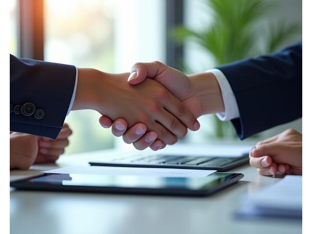 Image of hands shaking over a contract, symbolizing agreement and mutual understanding.